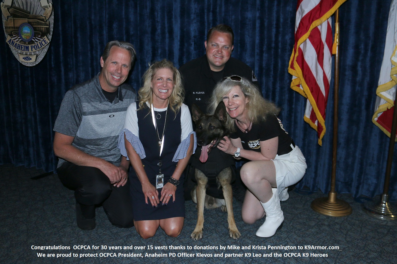 Orange County Police Canine Association President, Anaheim PD  Officer Klevos and K9 Leo with sponsors Mike and Krista Pennington with K9 Armor cofounder Suzanne Saunders