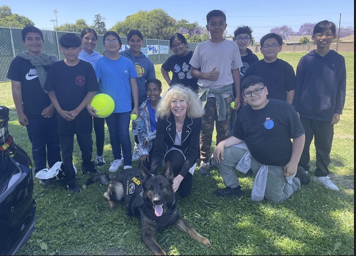 June 12, 2024 Thank you Lori Diaz and your amazing students who presented a K9 Armor vest at Mattie Lou Maxwell Elementary for Anaheim Police Officer Brett Klevos to protect his new partner K9 Odin