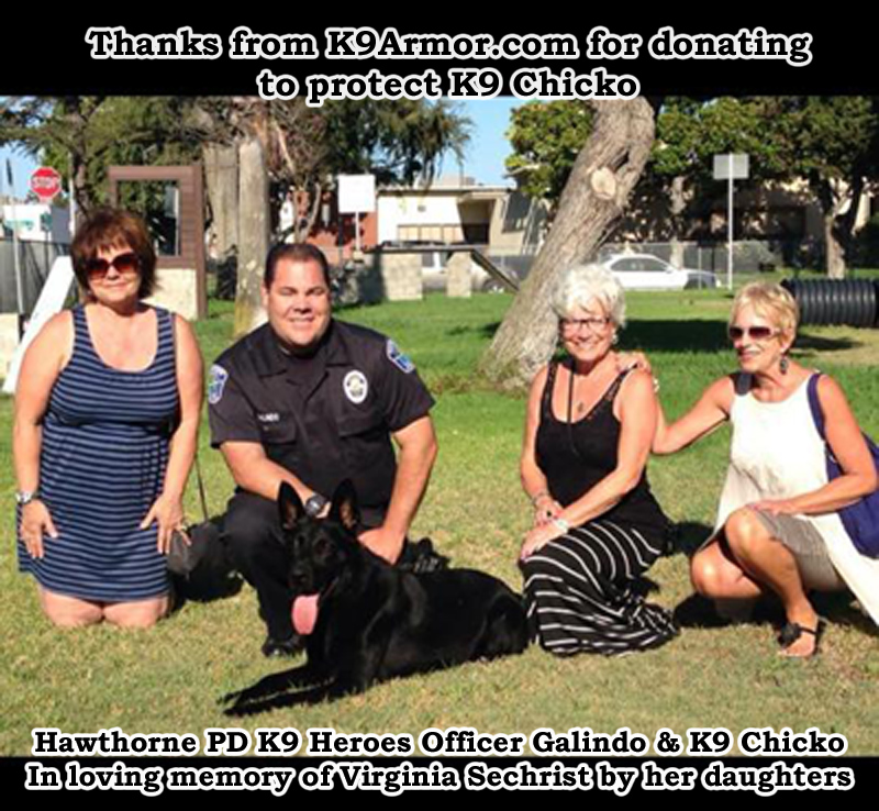 Officer Galindo with K9 Chicko and the daughters of Virginia Sechrist who donated to protect the K9 Heroes of Hawthorne.