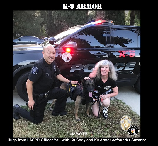 Hugs from LA School PD K9 Officer Yau with K9 Cody and K9 Armor cofounder Suzanne