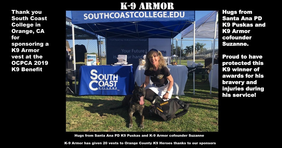 Hugs from Santa Ana PD K9 Puskas and K9 Armor cofounder Suzanne Saunders at OCPCA 2019 Benefit show