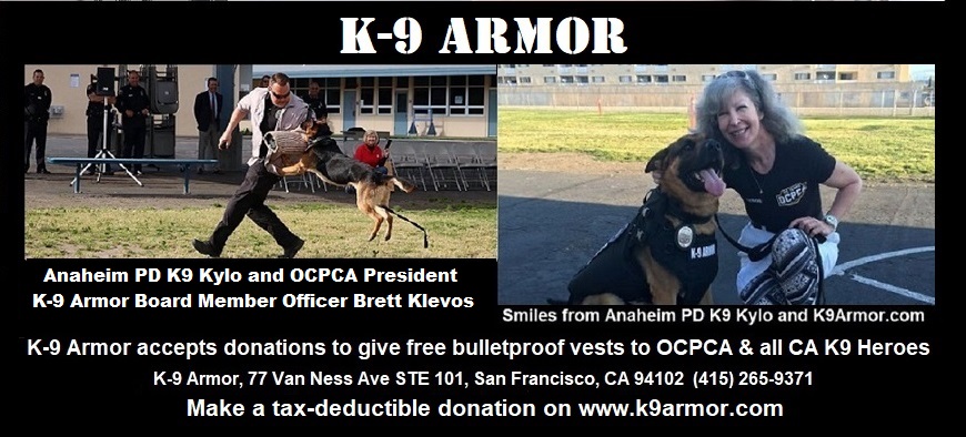 Anaheim PD Officer Brett Klevos, OCPCA President and K9 Armor board member with K9 Kylo wearing his K9 Armor vest giving hugs to Suzanne Saunders
