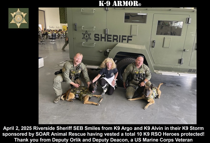 April 2, 2025 we delivered the 9th and 10th vests sponsored by SOAR to RSO for K9 Argo and Alvin