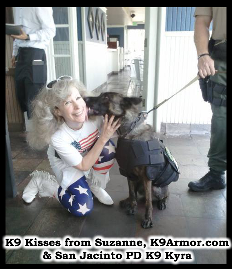 K9 Kisses from Suzanne, K9Armor.com cofounder and Riverside Sheriff - San Jacinto PD Deputy Wallace and K9 Kyra. Photo by Sgt. Williams.