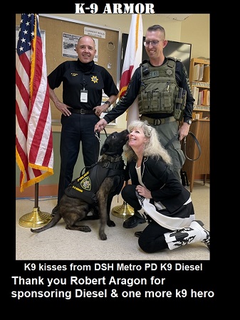K9 kisses from State Hospital Metro PD K9 Diesel for K9 Armor cofounder Suzanne at ceremony with Chief Rivera and Officer Bell, photo by Sgt Fisher